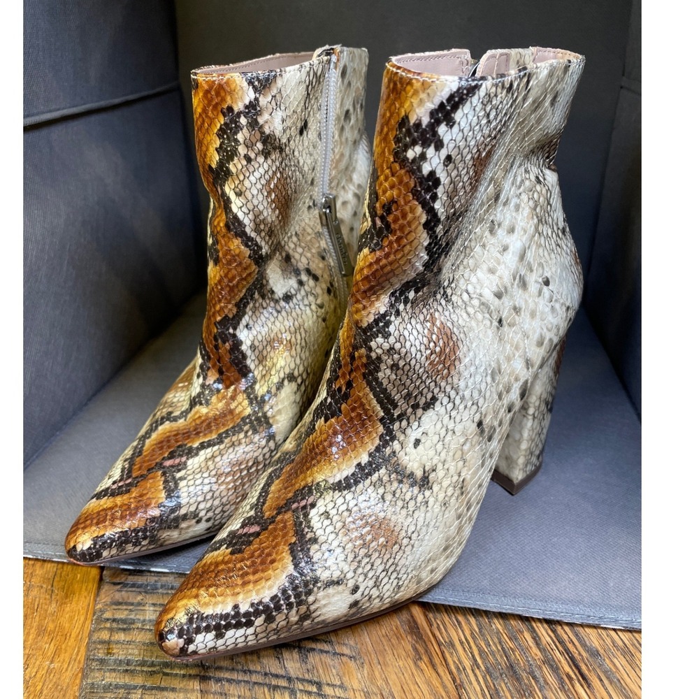 Snakeskin Print Pointed Toe Block Heel Ankle Boots Women 6M Zip